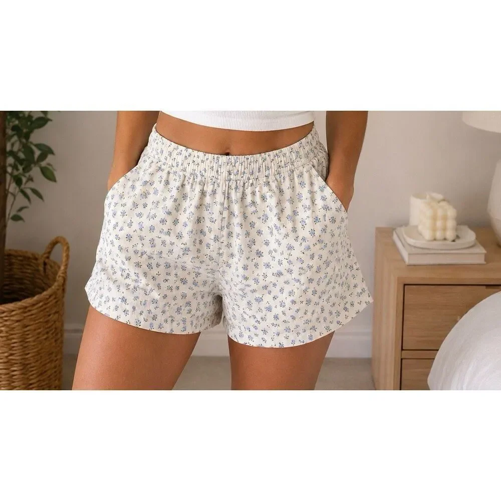 H&M Floral Lounge Pajama Shorts Size XL Blue Cottagecore Sleep Shorts